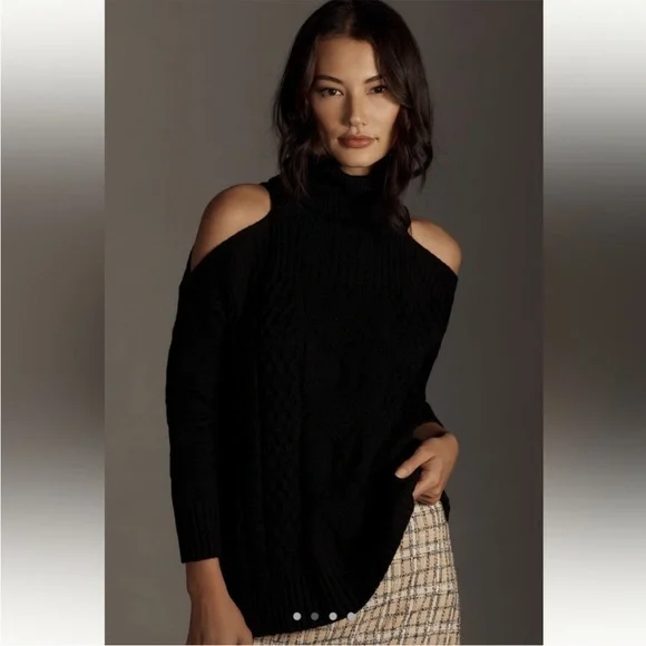 Anthropologie Black Cold Shoulder Cable Knit Sweater – Size M - Picture 3 of 7